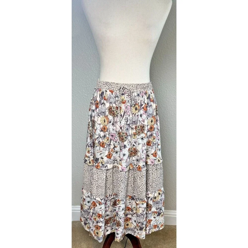 Umgee NEW! tiered floral drawstring elastic waist midi skirt lightweight size M